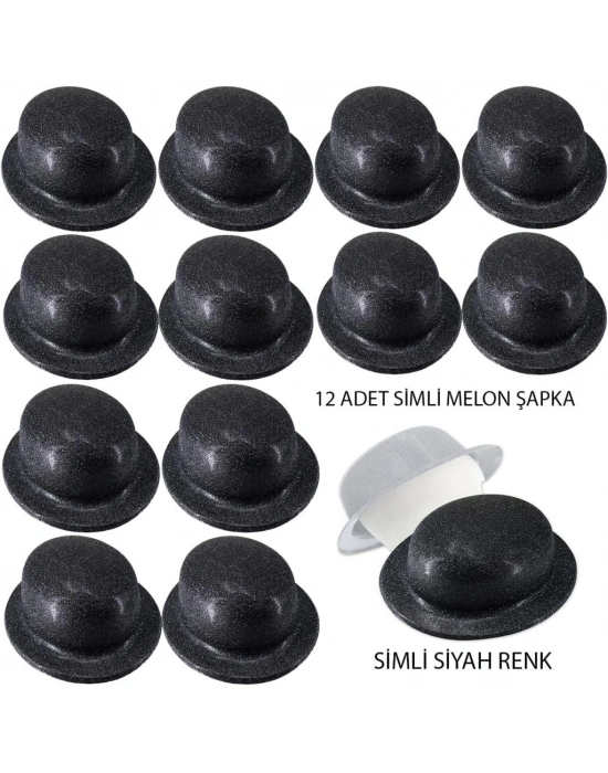 Siyah Renk Simli Melon Yuvarlak Parti Şapkası 12 Adet