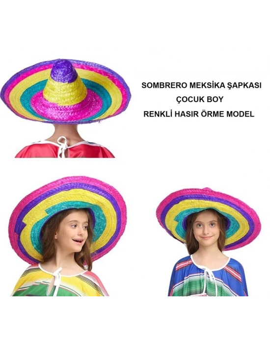 Sombrero Meksikaa Şapkası Renkli Örme Hasır Çocuk Boy