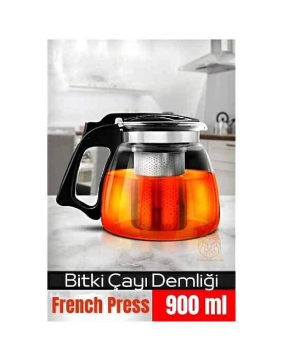 ®  Süzgeçli French Press Cam Demlik 900 Ml Bitki Çayı Demliği