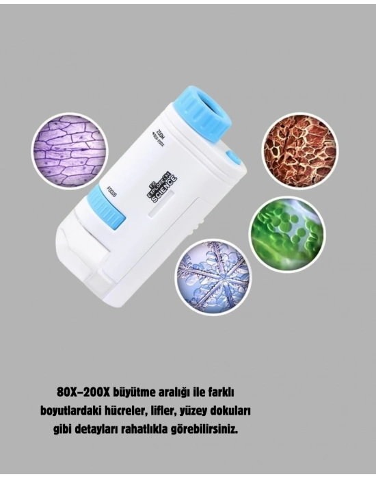 ® Taşınabilir Mini Mikroskop LED Işıklı 80X–200X Büyütmeli ve Odak Ayarlı