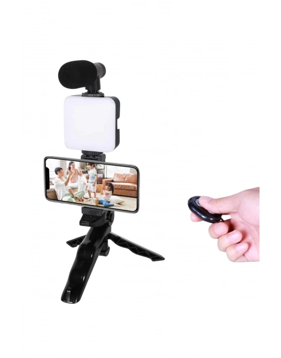 ® Telefon Tutucu Led Işıklı Kumandalı Mikrofon Telefon Vlog Video Kayıt