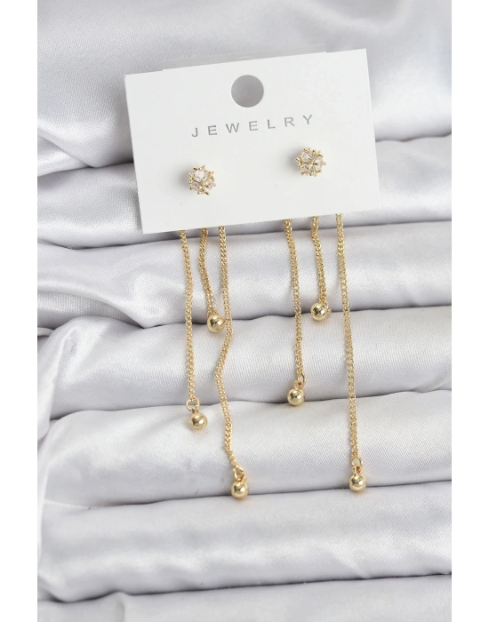® Topçuk Model Gold Renk Pirinç Sallantılı Kadın Küpe Seti