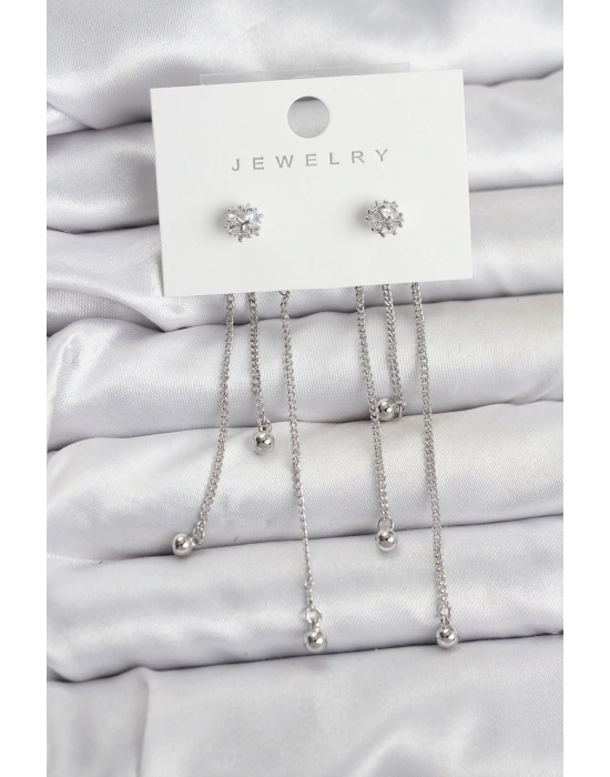 ® Topçuk Model Gümüş Renk Pirinç Sallantılı Kadın Küpe Seti