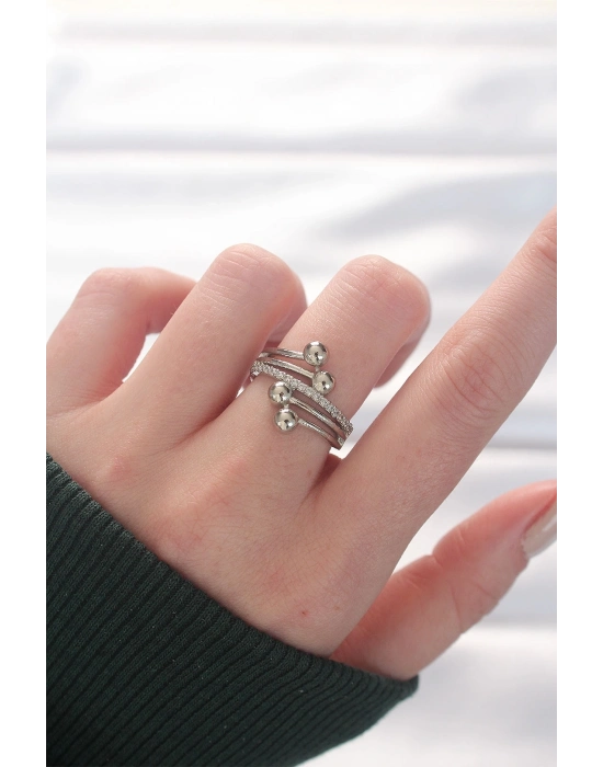 ® Topçuk Model Zirkon Taşlı Silver Renk Ayarlanabilir Yüzük