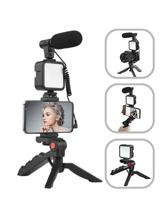 ® Tripod Telefon Tutucu Kumandalı Mikrofon Led Işık Vlog Video Kayıt