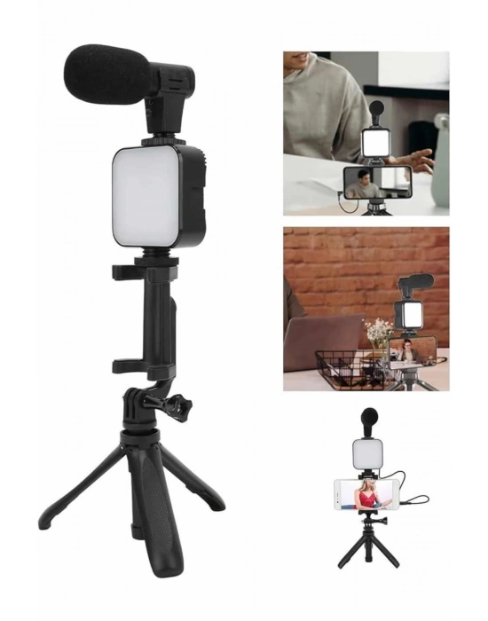 ® Tripod Telefon Tutucu Kumandalı Mikrofon Led Işık Vlog Video Kayıt