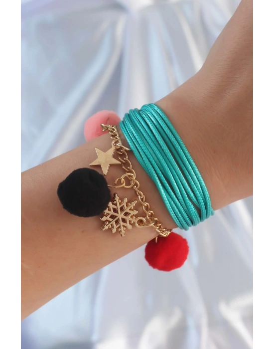 ® Turkuaz Renk Kar Tanesi Figür Zincir Detay İpli Çoklu Bileklik