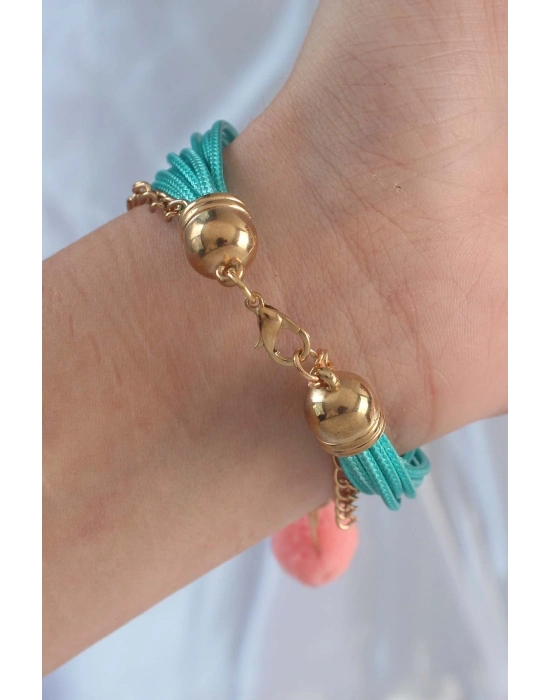 ® Turkuaz Renk Kar Tanesi Figür Zincir Detay İpli Çoklu Bileklik