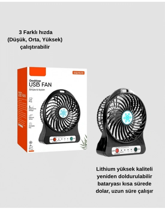 ® USB Girişli Taşınabilir Masaüstü Mini Fan – 3 Kademeli Hız, Şarjlı, Işıklı, Sessiz Çalışma