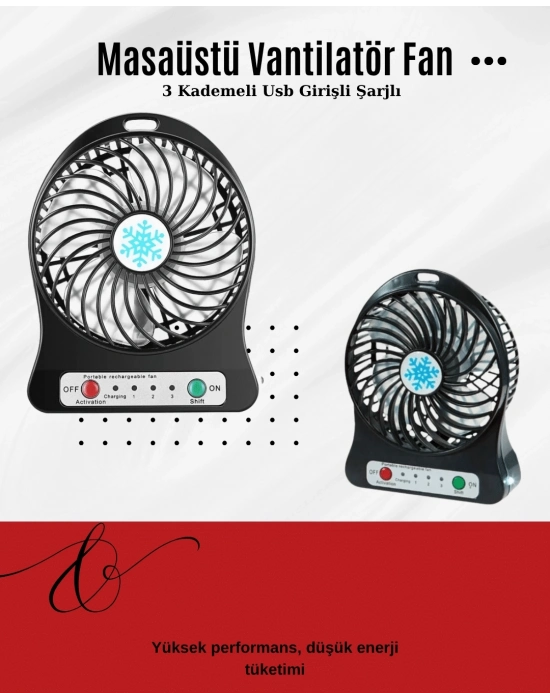 ® USB Girişli Taşınabilir Masaüstü Mini Fan – 3 Kademeli Hız, Şarjlı, Işıklı, Sessiz Çalışma
