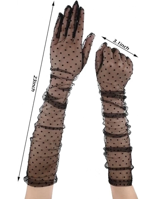 Uzun Boy Siyah Puantiyeli Siyah Renk Yetişkin Tül Eldiven 55 cm