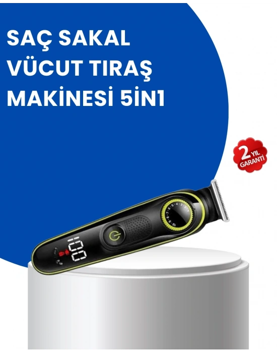 ® Uzun Pil Ömürlü LED Göstergeli Erkek Bakım Seti 5-in-1 Saç Sakal Tıraş Makinesi