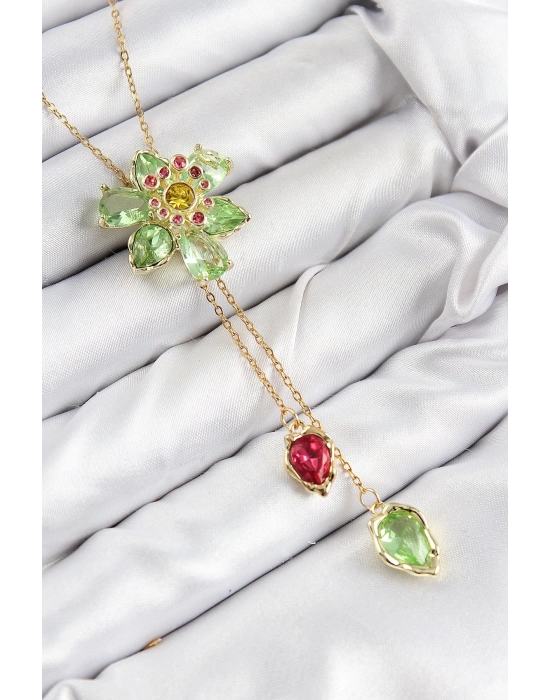 ® VIP Pirinç Zirkon Taşlı Çiçek Model Gold Renk Asansörlü Kadın Kolye