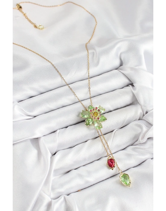 ® VIP Pirinç Zirkon Taşlı Çiçek Model Gold Renk Asansörlü Kadın Kolye