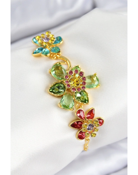 ® VIP Pirinç Zirkon Taşlı Çiçek Model Gold Renk Kadın Bileklik