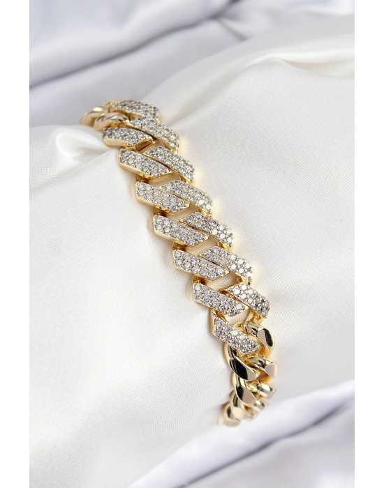 ® VIP Pirinç Zirkon Taşlı Cuba Model Gold Renk Kadın Bileklik