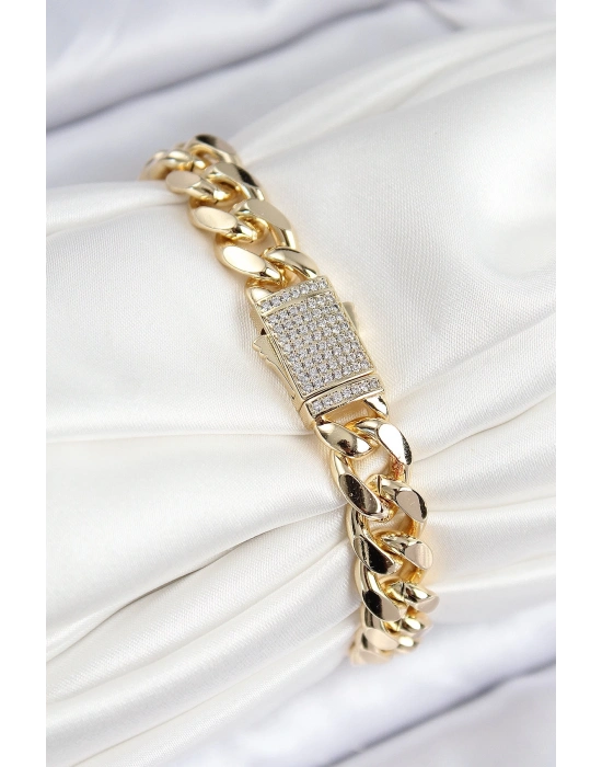 ® VIP Pirinç Zirkon Taşlı Cuba Model Gold Renk Kadın Bileklik