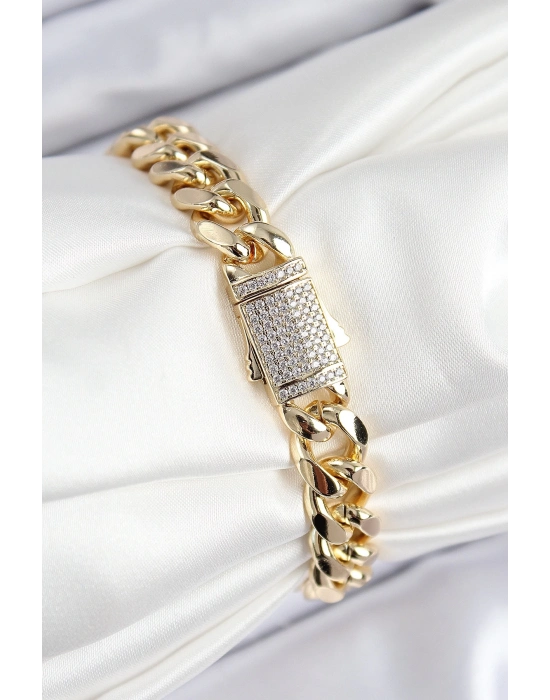 ® VIP Pirinç Zirkon Taşlı Klasik Zincir Model Gold Renk Kadın Bileklik