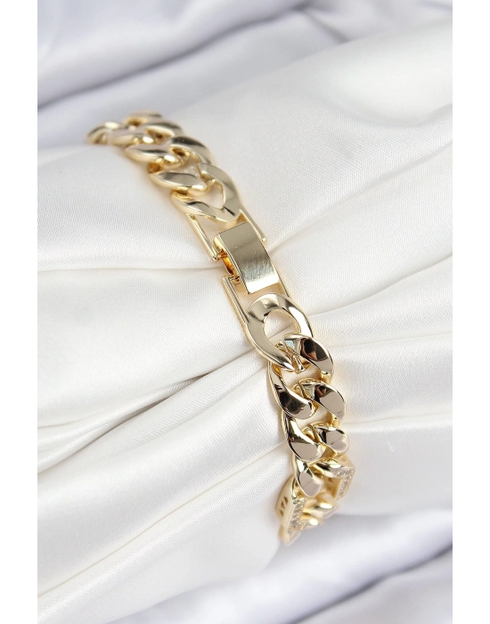 ® VIP Pirinç Zirkon Taşlı Parçalı Zincir Model Gold Renk Kadın Bileklik