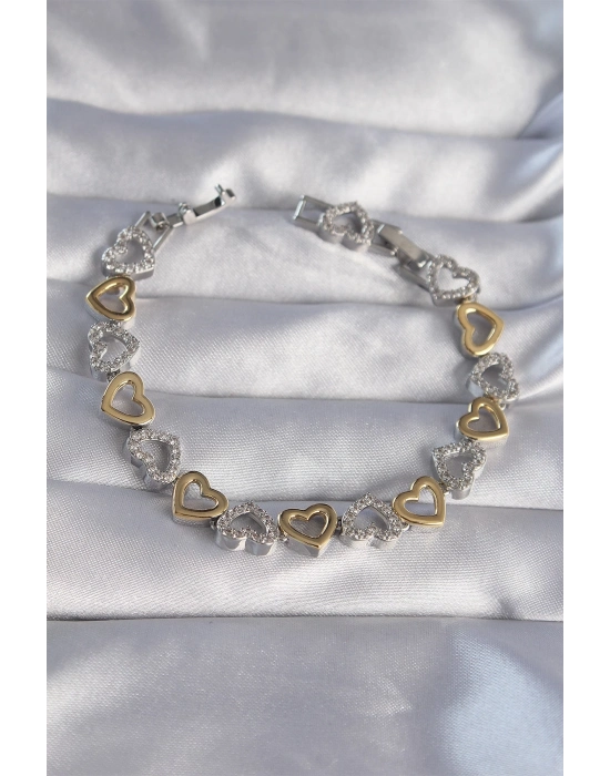 ® Vip Seri Pirinç Çift Renkli Zirkon Taşlı İçi Boş Kalp Tasarımlı Bileklik