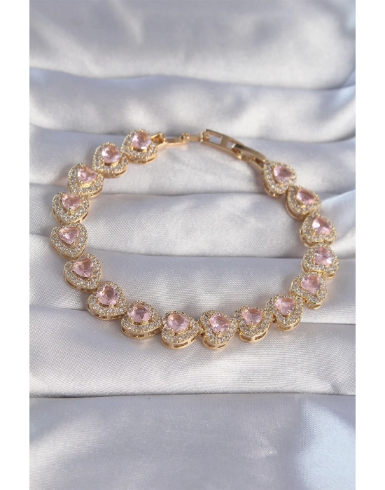 ® Vip Seri Pirinç Gold Renk Pembe Zirkon Taşlı Kalp Tasarımlı Bileklik