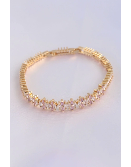 ® Vip Seri Pirinç Pembe Zirkon Taşlı Gold Renk Baget Model Bileklik