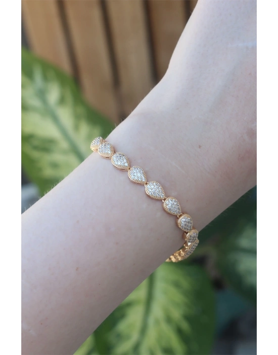 ® Vip Seri Pirinç Zirkon Taşlı Gold Renk Damla Model Bileklik