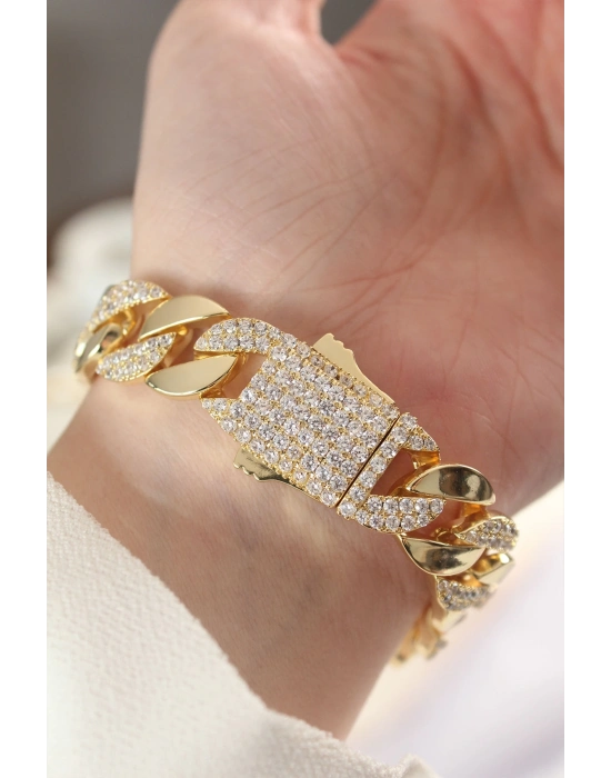 ® Vip Seri Pirinç Zirkon Taşlı Gold Renk Gurmet Bileklik