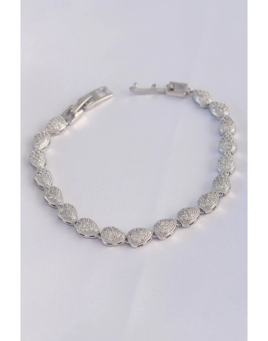 ® Vip Seri Pirinç Zirkon Taşlı Gümüş Renk Damla Model Bileklik