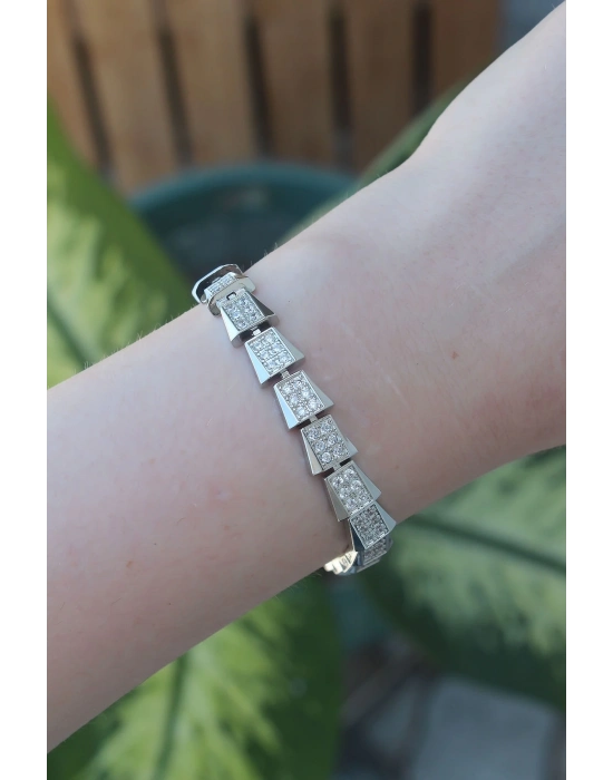 ® Vip Seri Pirinç Zirkon Taşlı Gümüş Renk Geometrik Bileklik