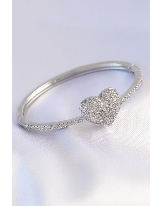 ® Vip Seri Pirinç Zirkon Taşlı Gümüş Renk Kalp Model Kelepçe