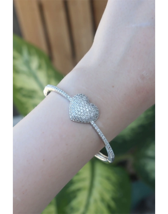 ® Vip Seri Pirinç Zirkon Taşlı Gümüş Renk Kalp Model Kelepçe