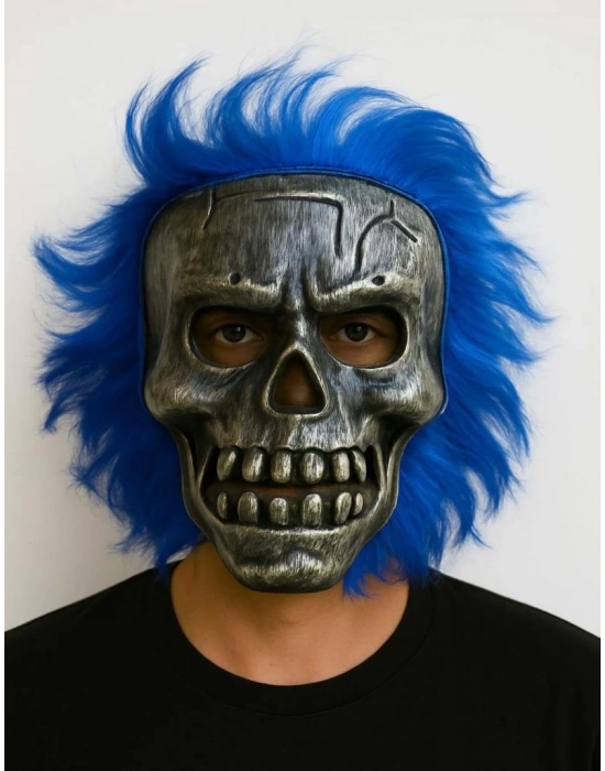 Wild Skull - Gümüş Kafatası Mavi Saçlı İskelet Maske
