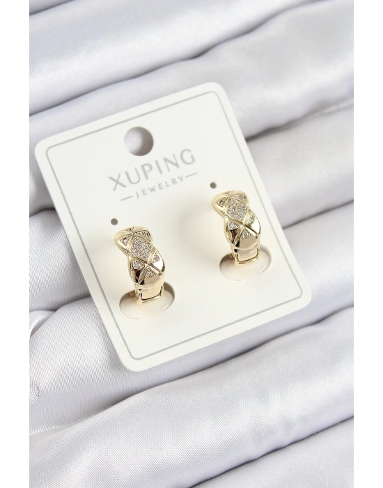 ® Xuping Zirkon Taşlı Geometrik Desenli Halka Model Gold Renk Kadın Küpe