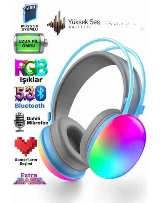® Yeni Nesil Kulak Üstü Kablosuz Uzun Ömürlü RGB Işıklı Bluetooth Kulaklık
