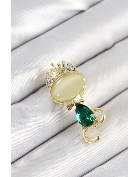 ® Yeşil Damla Zirkon Taşlı Kraliçe Taçlı Kedi Figürlü Gold Renk Kadın Broş