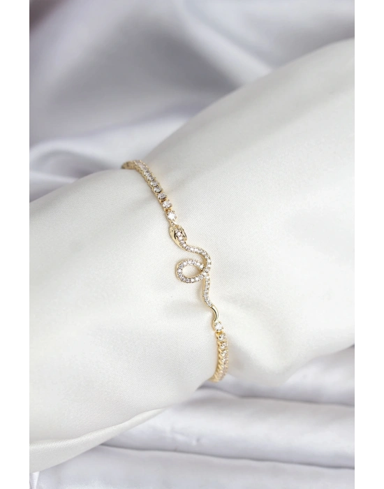 ® Yılan Model Zirkon Taşlı Gold Renk Pirinç Su Yolu Kadın Bileklik