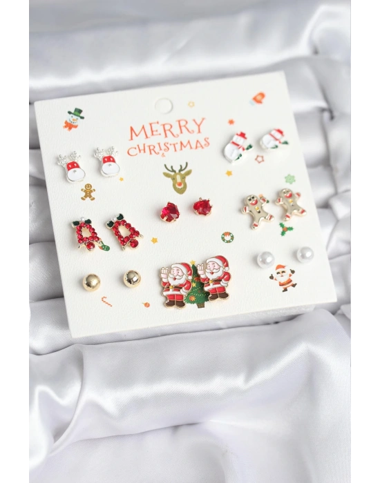 ® Yılbaşı Temalı Karışık Model 8 Çift Yılbaşı Temalı Kadın Küpe Seti