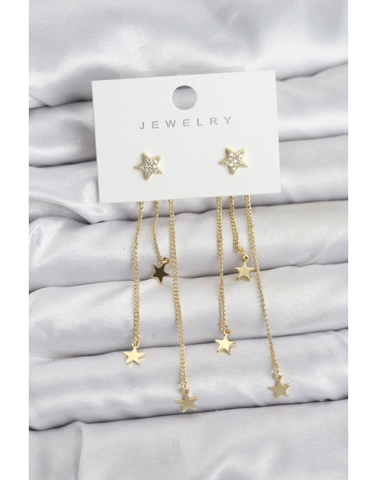 ® Yıldız Model Gold Renk Pirinç Sallantılı Kadın Küpe