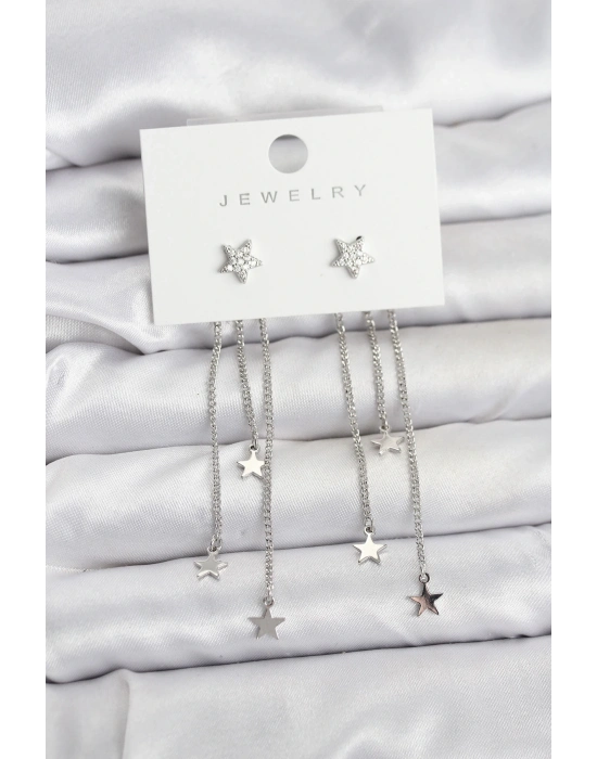 ® Yıldız Model Gümüş Renk Pirinç Sallantılı Kadın Küpe