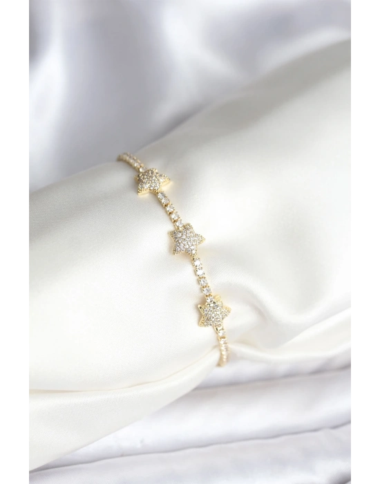 ® Yıldız Model Zirkon Taşlı Gold Renk Pirinç Su Yolu Kadın Bileklik