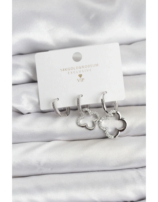 ® Yonca Model Gümüş Renk Pirinç 3lü Kadın Küpe Seti