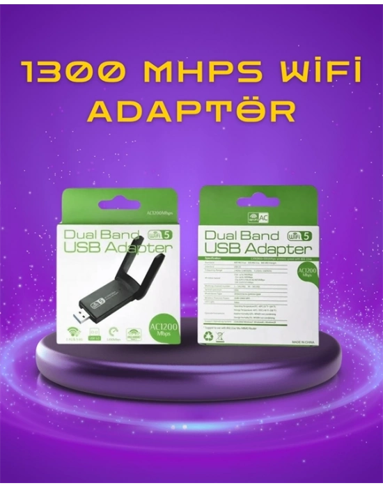 ® Yüksek Hızlı 1200 Mbps Çift Bant USB WiFi Adaptör – Güçlü Sinyal, Geniş Uyumluluk