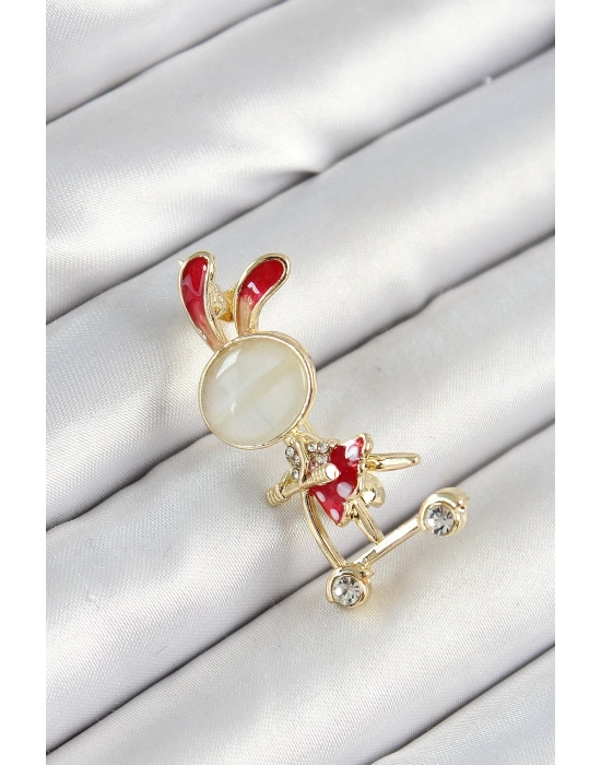 ® Zirkon Taş Detaylı Kırmızı 3D Scooter Süren Tavşan Kız Figürlü Gold Renk Kadın Broş