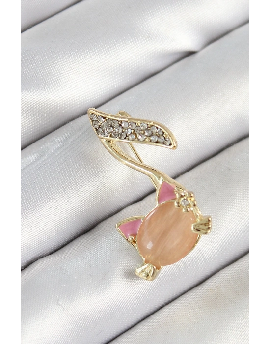 ® Zirkon Taşlı 3D Kedi Detaylı Nota Figürlü Gold Renk Kadın Broş
