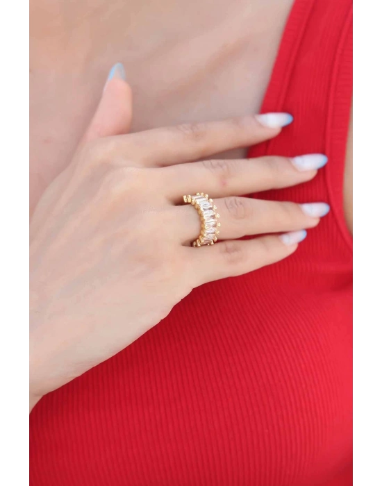 ® Zirkon Taşlı Baget Gold Renk Kadın Yüzük