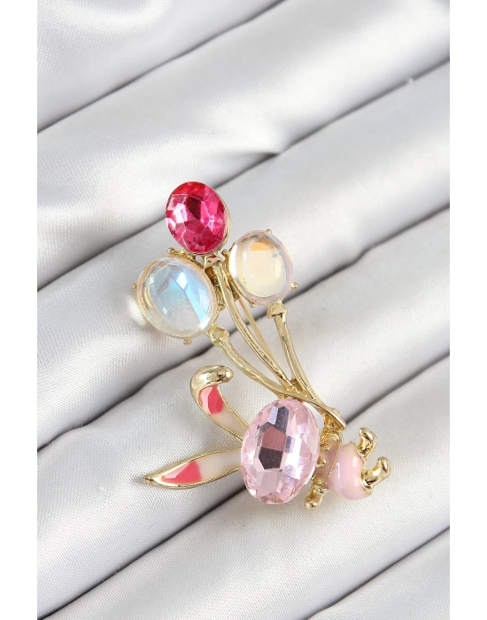 ® Zirkon Taşlı  Balonlu Pembe Tavşan Figürlü Gold Renk Kadın Broş