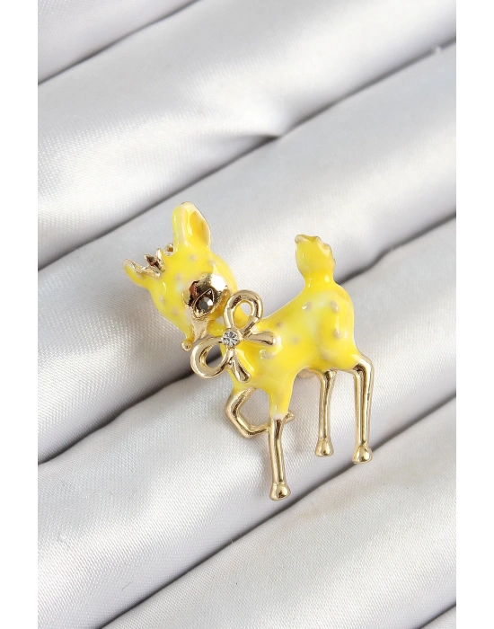 ® Zirkon Taşlı Fiyonk Detaylı 3D Sarı Ceylan Figürlü Gold Renk Kadın Broş