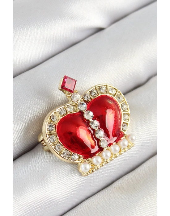 ® Zirkon Taşlı İnci Detaylı Kırmızı 3D Kraliçe Taç Figürlü Gold Renk Kadın Broş