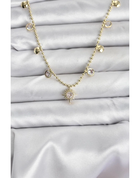 ® Zirkon Taşlı Kutup Yıldızı Model Pirinç Gold Renk Kadın Kolye